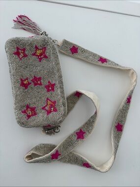 Beaded Silver Crossbody Bag with Pink Star Accents